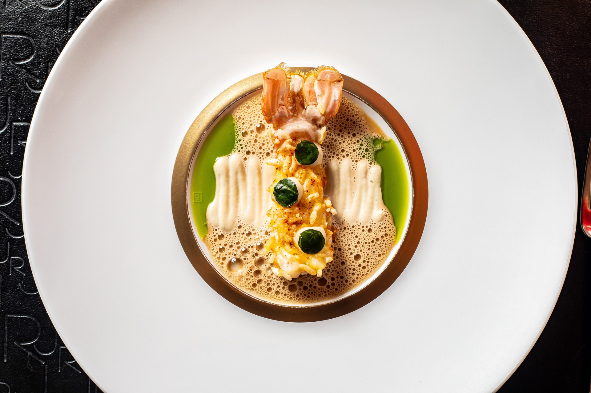 Norwegian langoustine, puffed rice, lobster cognac velouté, fennel-apple purée (1)